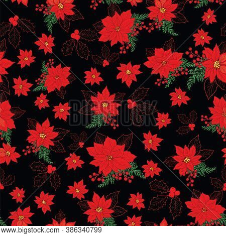 Seamless Christmas Pattern With Red Poinsettia, Holly, Mistletoe And Berries On Black Background Des