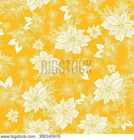 Seamless Christmas Pattern With Poinsettia, Holly, Berries On Yellow Background Design