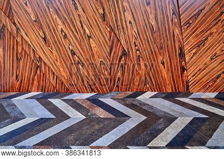 3D Wood Wall Panels With Multicolored Carpet. Wood Veneer Wall Panels With Geometric Shapes