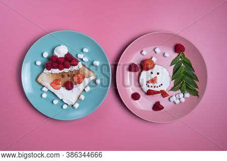 Childrens Breakfast Or Lunch, Snowman And Santa Toast With Raspberries, Strawberries, Curd Cheese, M