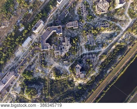 Abandoned construction site of Hospital. (aerial drone image)Abandoned at 1991,during Ukrainian undependence crisis. Kiev Region,Ukraine