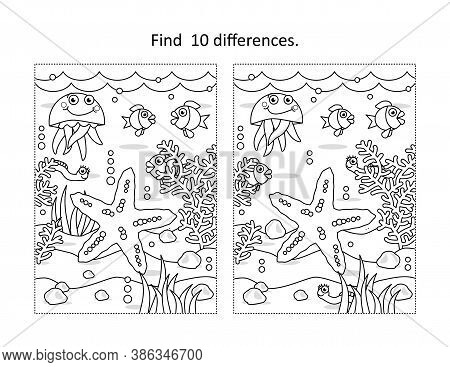Find Ten Differences Activity Page With Underwater Life Scene And Starfish