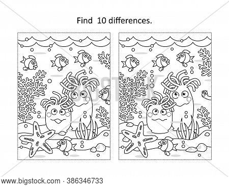 Find Ten Differences Activity Page With Underwater Life Scene And Anemones