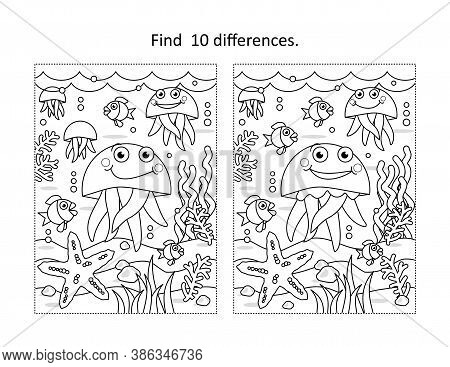 Find Ten Differences Activity Page With Underwater Life Scene And Jellyfish