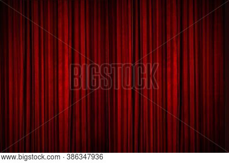 Beautiful Red Curtains Of The Stage Lit With Stage Lights, Moments Before The Curtains Went Up To Re