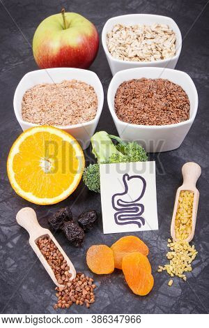 Beneficial Nutirious Eating For Digestive System. Healthy Ingredients As Source Natural Vitamins