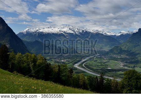 View Over The Rhine Valley In Switzerland Seen From Triesenberg In Liechtenstein 4.5.2020