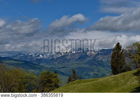 View Over The Rhine Valley In Switzerland Seen From Triesenberg In Liechtenstein 4.5.2020