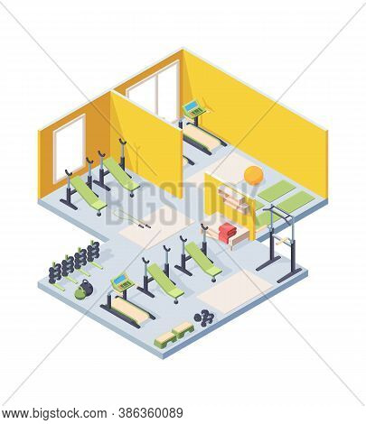 Fitness Gym Interior Isometric Illustration. Lighted Room With Cardio Equipment Sun Loungers Barbell
