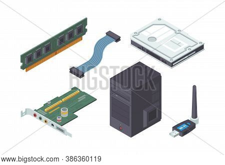 Parts Personal Computer Isometric Set. Modern Green Audio Card Ram Plate Adapter Cable For Connectio