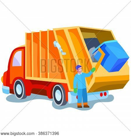 Worker Loading Garbage Into Garbage Truck, Cartoon Illustration, Isolated Object On White Background