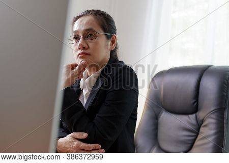 Tired Women Worker From Headache Or Migraine At Workplace. Female Employees Have Problems From Work.