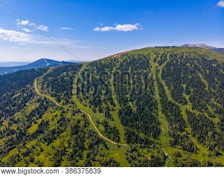 Summer Sheregesh Kemerovo Region, Russia, Panorama Of Mount Zelenaya And Mustag. Aerial Top View