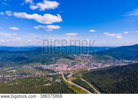 Summer Sheregesh Kemerovo Region, Russia, Panorama Of Mount Zelenaya And Mustag. Aerial Top View