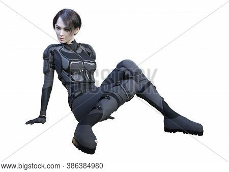 3D Rendering Female Sceince Fiction Warrior On White