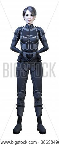 3D Rendering Female Sceince Fiction Warrior On White