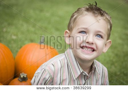 Yndig lille barn dreng nyder græskar på den Pumpkin Patch.