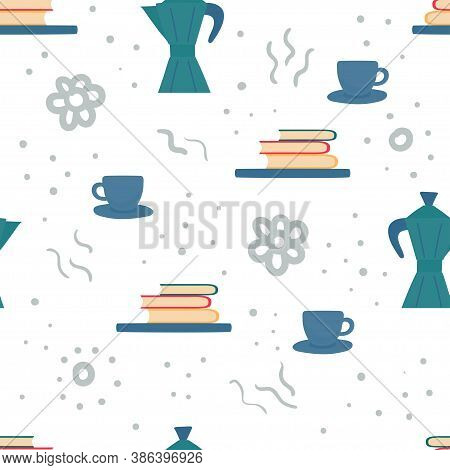 Vector Seamless Pattern With A Bookshelf And Coffee-pot And A Cup.