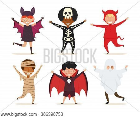 Set Of Kids In Halloween Costume. Cute Children Wearing In Dracula, Devil, Skeleton, Mummy, Ghost, B