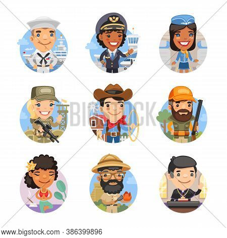 Set Of Avatars With People Of Different Professions. Sailor, Private Jet Pilot, Stewardess, Soldier,