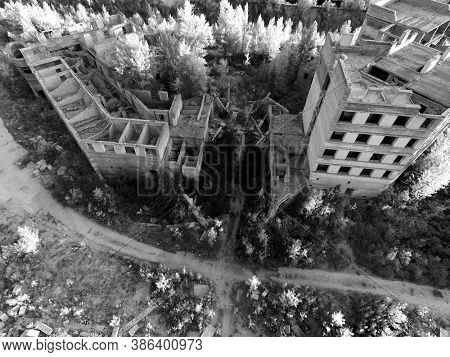 Abandoned construction site of Hospital. (aerial drone image)Abandoned at 1991,during Ukrainian undependence crisis. Kiev Region,Ukraine(drone image,infrared filter)