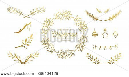 Merry Christmas Vector Hand Drawn Decoration Set. Christmas Wreath, Mistletoe Brunches, Berries