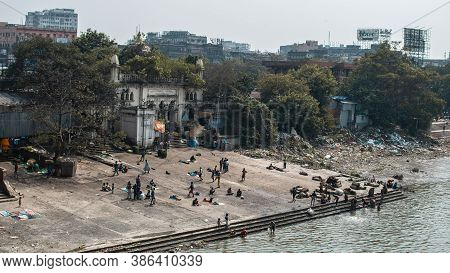 Kolkata, India - February 2, 2020: Unidentified People Baths In Hooghly River By Ram Chandra Goenka 