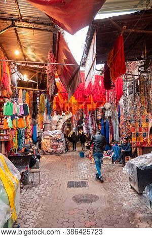 Marrakesh, Morocco - October 30, 2018: Moroccon People At Traditional Bazaar In Marrakesh, Morocco.