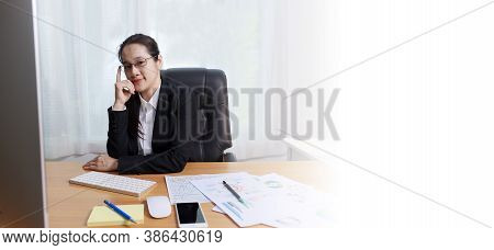 Business Women Smileing Wear Glasses Sitting At Office. Business People Using Computer Pc  At Office