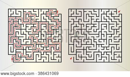 Abstract Maze Of A Rectangle With An Input And An Output. Empty Labyrinth And Labyrinth With Path Of