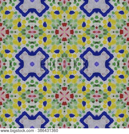 Boho Fabric. Repeat Tie Dye Rapport. Ikat Turkish Print. Blue, Indigo, Yellow, Red Seamless Texture.