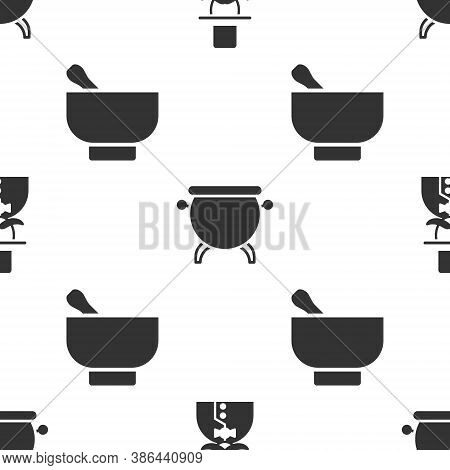 Set Magician, Witch Cauldron And Magic Mortar And Pestle On Seamless Pattern. Vector