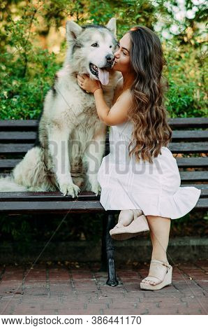 Young Woman With Innate Disorder Dwarfism Sits On Bench Next To Malamute Dog, Hugs And Kisses It Whi