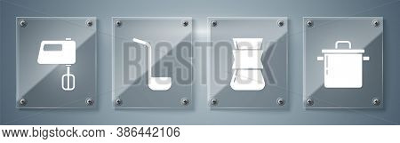 Set Cooking Pot, Coffee Turk, Kitchen Ladle And Electric Mixer. Square Glass Panels. Vector