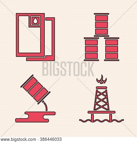 Set Oil Rig With Fire, Barrel Oil, Barrel Oil And Barrel Oil Leak Icon. Vector