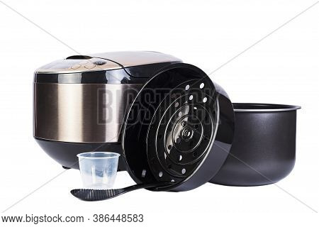 Automatic Multicooker And Accessories Set Isolated On A White Background. Modern Cooking Appliance A