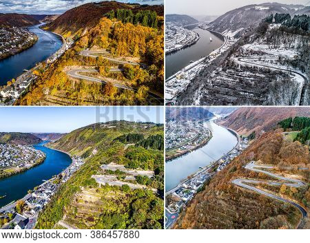 Seasons Concept Summer Winter Fall Spring Aerial View Of The Mosel Village Brodenbach In Germany On 