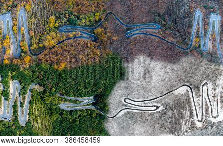 Seasons Concept Summer Winter Fall Spring Aerial View Winding Road Serpentine Mountain Pass Village 