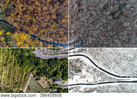 Seasons Concept Summer Winter Fall Spring Aerial View Winding Road Serpentine Mountain Pass Village 
