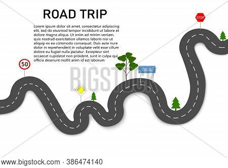 Road Trip. Drive Along A Winding Road With Two Navigation Pointers. The Starting And Ending Point Of