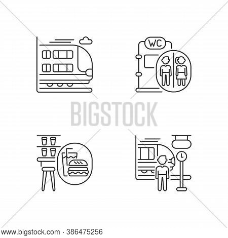 Railway Services Linear Icons Set. Bilevel Rail Car, Snack Bar, Onboard Toilet And Commuter Train Cu