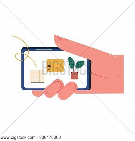 Hand With Smartphome Ordering Home Goods And Paying Online With Card