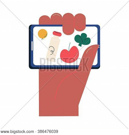 Hand With Smartphome Choosing And Ordering Delivery Of Food Products Online