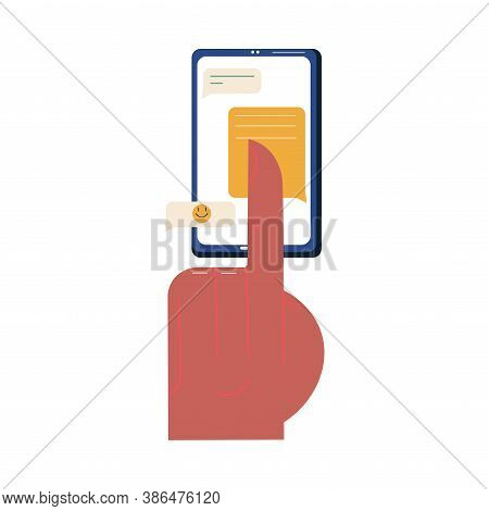 Hand With Smartphome Communicating In Chat And Replying With Smiles