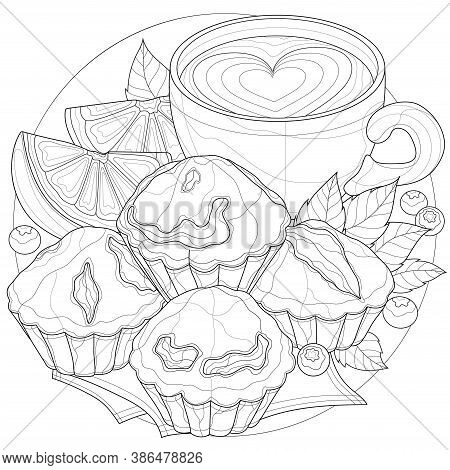 Cupcake And Coffee. With Orange, Blueberry And Mint.tasty Sweets.coloring Book Antistress For Childr