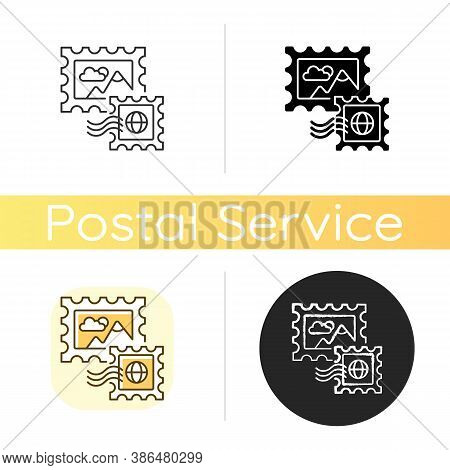 Postage Stamps Chalk White Icon. Linear Black And Rgb Color Styles. Collecting Rare Postmarks Hobby,