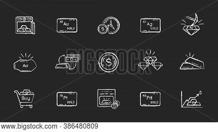 Precious Metals And Investment Chalk White Icons Set On Black Background. Business Investment. Minin