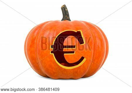 Euro Symbol Halloween Font. Pumpkin With Carved Euro, 3d Rendering Isolated On White Background