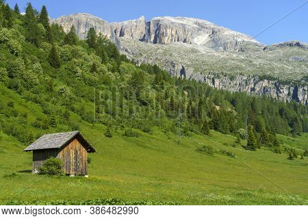 Mountain Landscape At Summer Along The Road To Campolongo Pass, Dolomites, Belluno Province, Veneto,