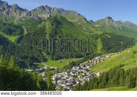 Mountain Landscape At Summer Along The Road To Campolongo Pass, Dolomites, Belluno Province, Veneto,